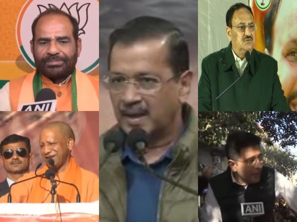 AAP National Convenor Arvind Kejriwal, BJP National President JP Nadda, Uttar Pradesh Chief Minister Yogi Adityanath, BJP candidate Ramesh Bidhuri and AAP MP Raghav Chadha (Photo/ANI).