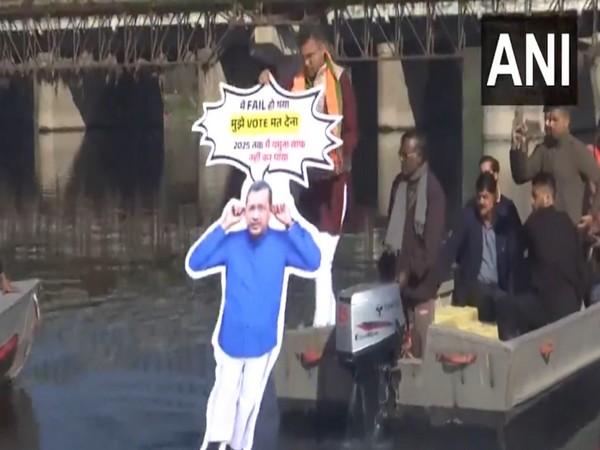 Parvesh Verma submerges the cut-out of Kejriwal (Photo/ANI)