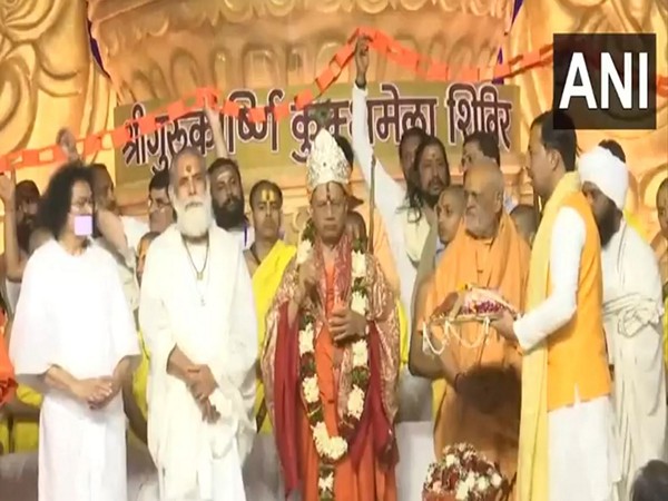 Swami Govind Dev Giri Maharaj celebrates his birthday in Prayagraj (Photo/ANI)