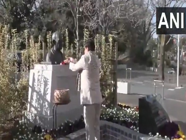 Madhya Pradesh CM Mohan Yadav pays floral tribute to Mahatma Gandhi in Tokyo (Photo/ANI)
