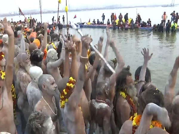 Akhadas take Amrit Snan at Triveni Sangam with their deities (Photo/ANI)