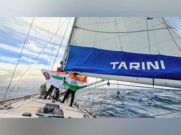 INSV Tarini crosses Point Nemo, marking a significant milestone in the Navika Sagar Parikrama II journey. (Photo: ANI)