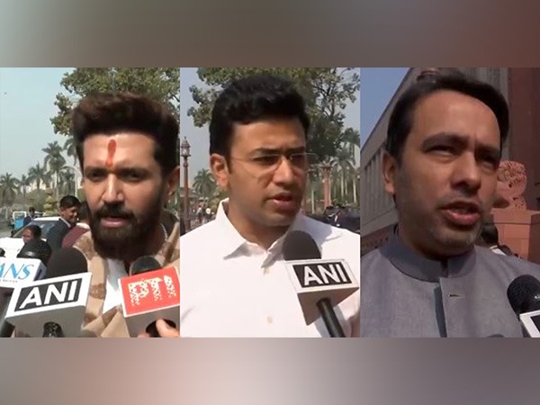 Union Minister Chirag Paswan, BJP MP Tejasvi Surya and Union Minister Jayant Chaudhary (Photo/ANI)