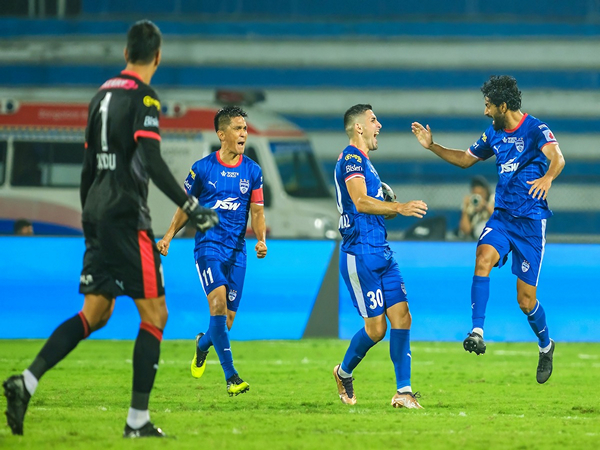 BFC's Jorge Pereyra Diaz celebrating with team mates Nikhil Poojary and Sunil Chhetri after scoring. (Picture: ISL Media)