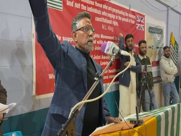 JKNIA Chairman Mahmood Kashmiri speaks at a public meeting in Leeds, calling for justice in PoJK. (Photo: ANI)