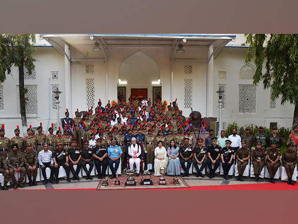 Governor Jishnu Varma felicitates officers, cadets of Telangana contingent at Raj Bhavan for R-Day (Photo/ANI)