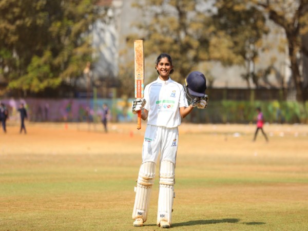 Shardashram Vidyamandir's batter Swarada Bende at  MI Junior Interschool Cricket Tournament (Image: MI Junior)