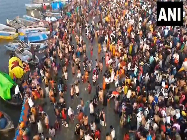 Visuals from the Ghats of Triveni Sangam as people continue to take a holy dip. (Photo/ANI)