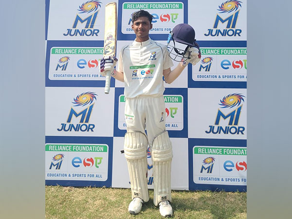 Shri Rajendra High School's Padmakar Nair after scoring double ton in MI Junior Interschool Cricket Tournament (Image: Reliance Foundation/ MI Junior)
