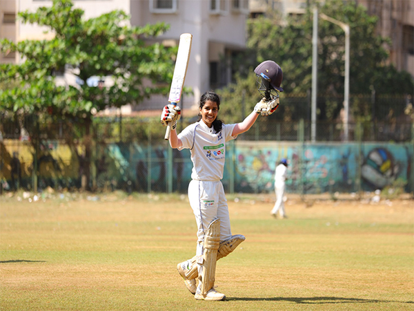 Tanisha Sharma celebrates after scoring a ton in MI Junior Interschool (Image: MI Junior/Reliance Foundation)