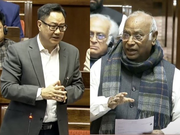 Union Minister Kiren Rijiju and Congress chief Mallikarjun Kharge (Photo: Sansad TV)