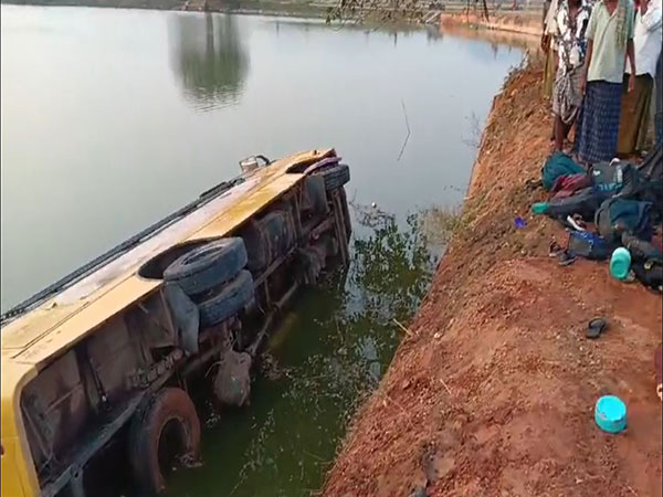 Visuals form the spot after a school bus fell into a pond in Andhra Pradesh on Saturday (Photo/ANI)