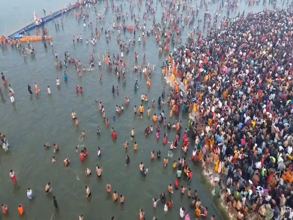 Drone visuals of Mahakumbh area on Monday. (Photo/ANI)