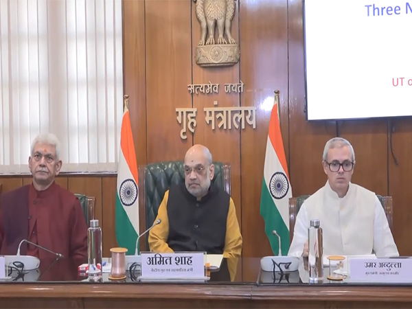 Union Home Minister Amit Shah, CM Omar Abdullah and Jammu and Kashmir LG Manoj Sinha at the meeting. (Photo/ANI)
