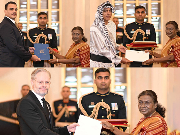 Panama's Ambassador Alonso Correa Miguel, Denmark's Ambassador Rasmus Abildgaard Kristensen, Palestine Ambassador Abdullah Mohammad A Abushawesh present credentials to President Droupadi Murmu (Image Credit: X/@rashtrapatibhvn)