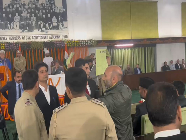 Awami Ittehad Party MLA Khursheed Ahmad Sheikh protesting in J-K Assembly (Photo/ANI)