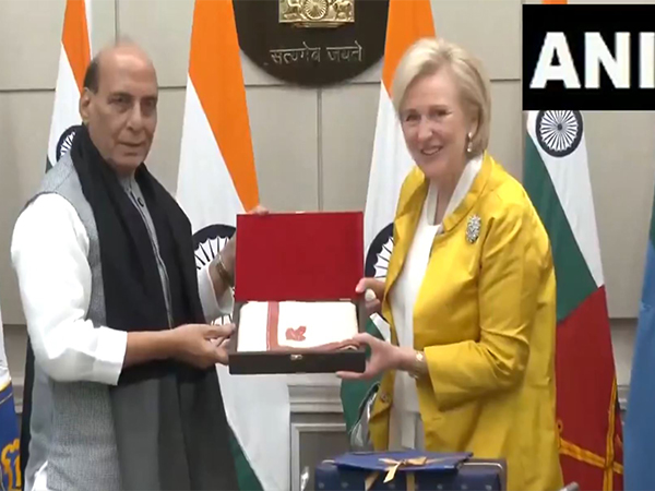 Union Defence Minister Rajnath Singh meets Princess Astrid of Belgium (Photo/ANI)