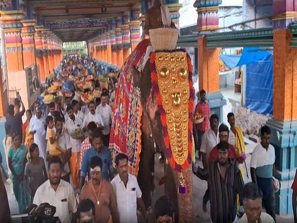 Devotees outside Arulmigu Mariamman Temple to celebrate Poochorithal Festival (Photo/ANI)
