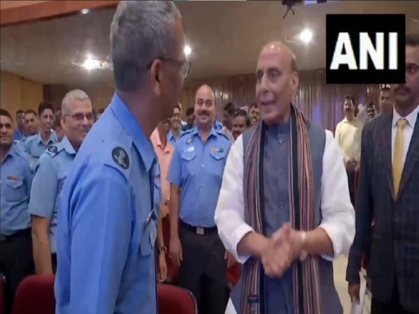 Defence Minister Rajnath Singh meets IAF officers in Bengaluru (Photo/ANI)