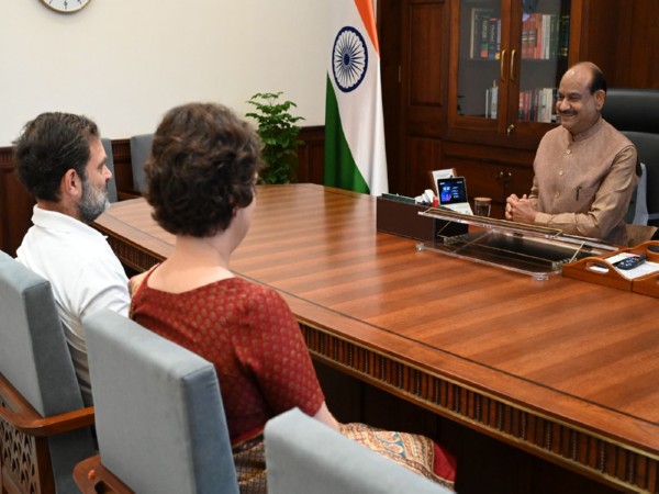 Congress leader Rahul Gandhi and Priyanka Gandhi meet Lok Sabha speaker Om Birla (Photo/ANI) 