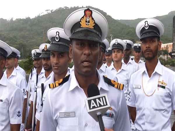 Indian Navy and Mauritius contingents conduct a full dress rehearsal at Champ de Mars despite heavy rainfall. (Photo: ANI)