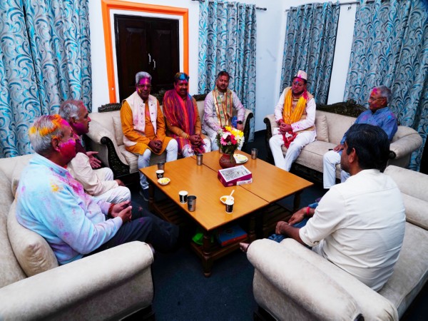Uttarakhand CM Dhami participates in Holi Milan ceremony in RSS office in Dehradun (Photo/ANI)