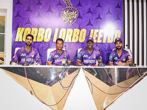 (L-R) Vice-captain Venkatesh Iyer, head coach Chandrakant Pandit, mentor Dwayne Bravo and skipper Ajinkya Rahane at the KKR team press conference (Photo: KKR)