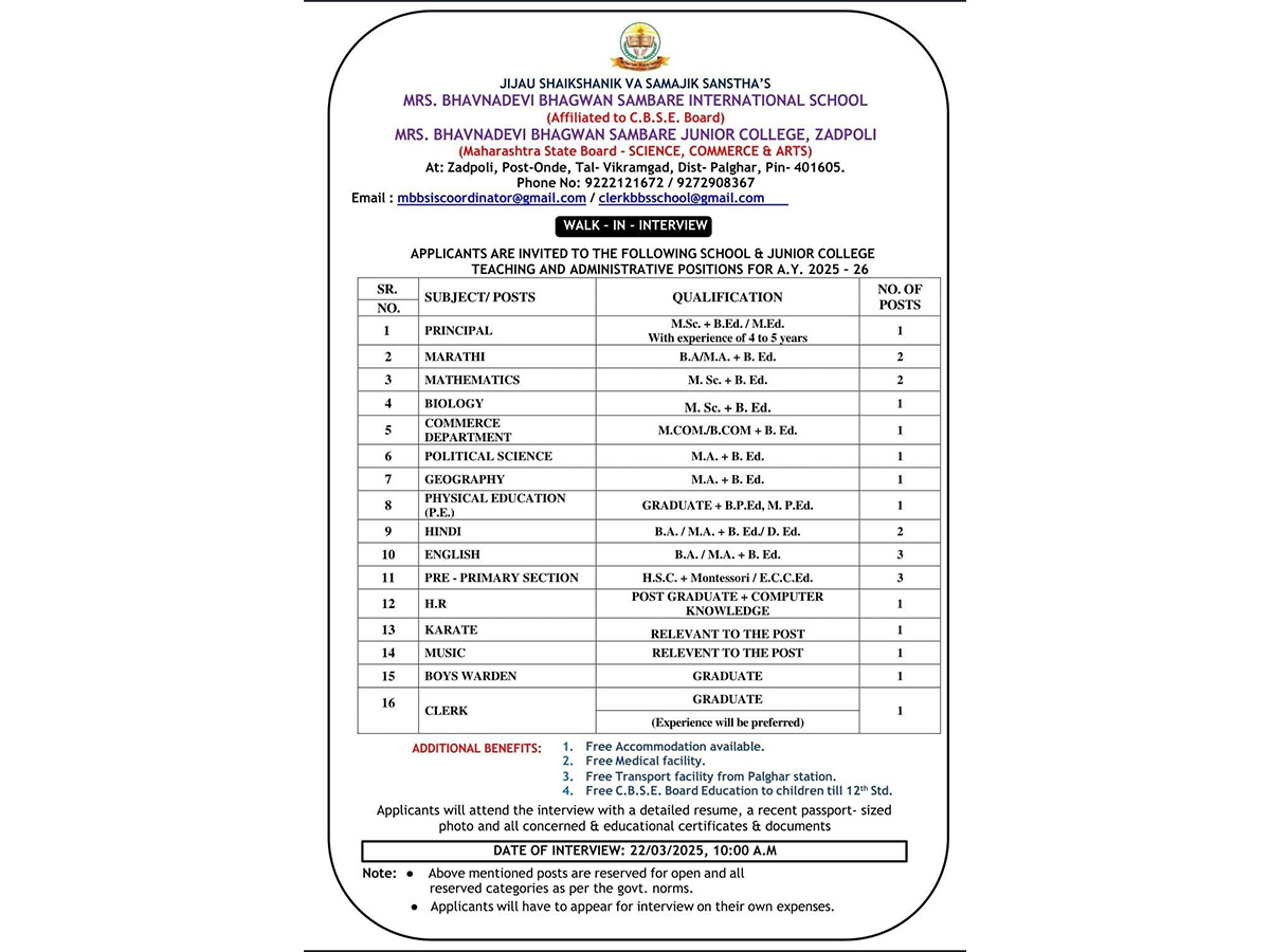 Jijau Shaikshanik Va Samajik Sanstha’s Bhavnadevi Bhagwan Sambare International School & Junior College Announces Walk-In Interviews for Teaching & Administrative Positions