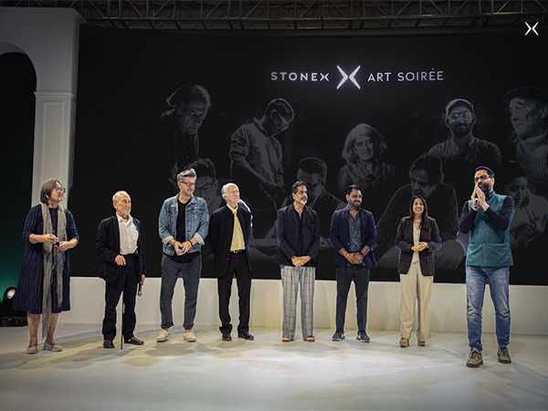 (R-L) Gaurav Aggarwal, Chairman of Stonex Group and Prachi Bhattacharya, CEO of Stonex Art with artists, at the Stonex Refinery in Kishangarh, for the Art Soirée by Stonex