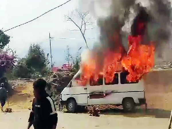 A file picture of a vehicle which was allegedly set ablaze by miscreants during a clash between Kuki protesters and security forces, in Kangpokpi, Maniur (Photo/ANI)