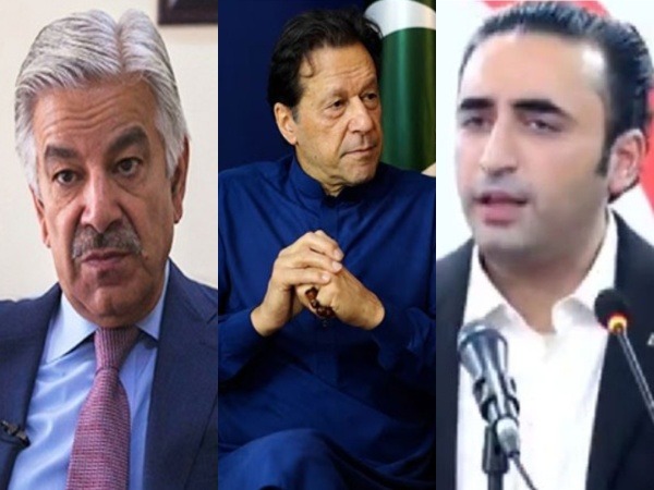 Pakistan's Defence Minister Khawaja Asif (left), PTI founder Imran Khan, PPP chairman Bilawal Bhutto Zardari (right) (Image Credit: X/@BBhuttoZardari/@PTIOfficial)