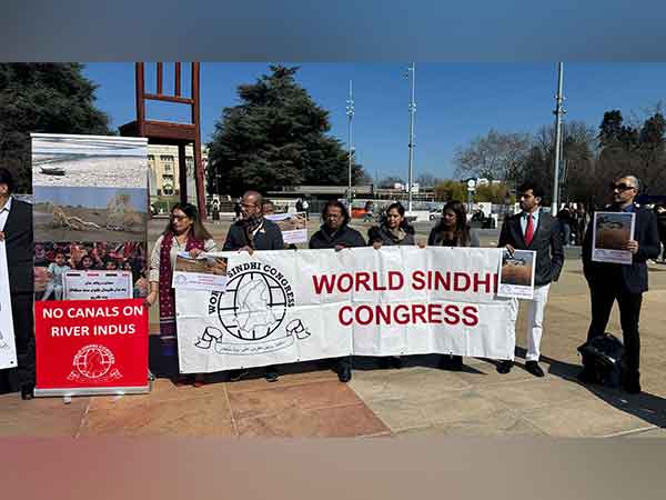 World Sindhi Congress holds protest over construction of illegal canals along Indus River during UNHRC at Geneva (Photo/ANI)