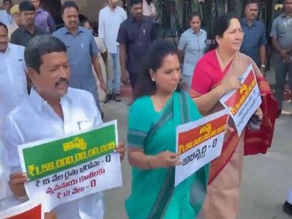 BRS leaders protest at Telangana Legislative Council. (Photo/ANI)