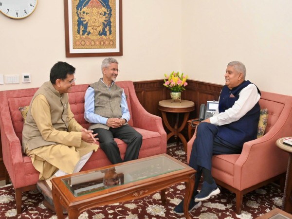 Union Minister Piyush Goyal, Jaishankar call on Vice President Jagdeep Dhankhar (Photo/ X@VPIndia)