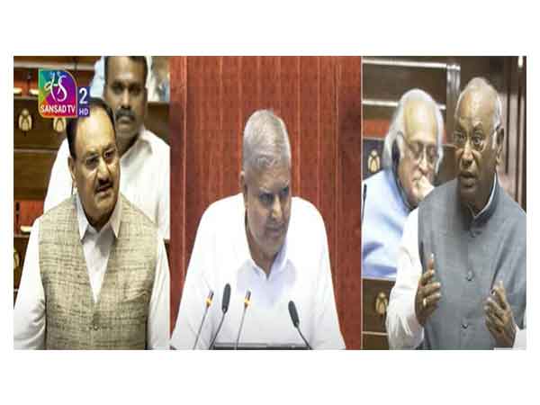 Union Minister JP Nadda, Rajya Sabha Chairman Jagdeep Dhankar, and Congress President mallikarjun Kharge in Parliament (Photo/SansadTV)