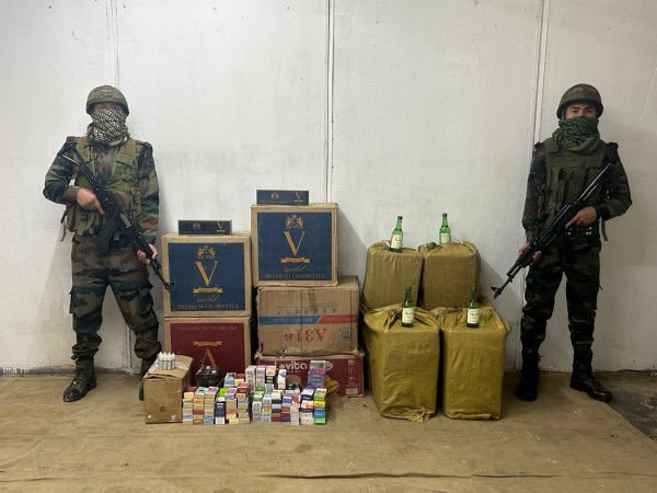 Assam Rifles and customs officials seized foreign-origin cigarettes and liquor worth Rs 16.43 lakh in Mizoram’s (Photo/Assam Rifles Press Release)