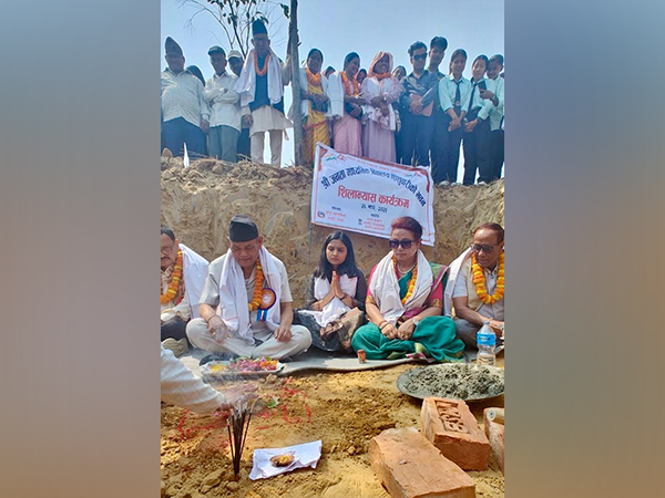 Officials lay the foundation stone for the new school building at Shree Janata Secondary School in Saptari, Nepal. (Photo: ANI)