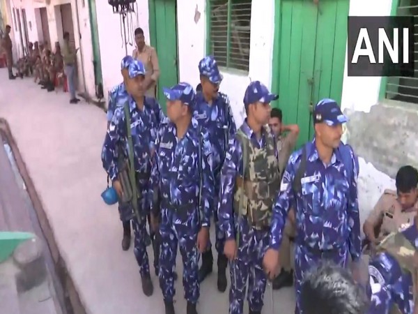 Rapid Action Force and Sambhal Police conducting a flag march outside the Jama Masjid in Sambhal (Photo/ANI)