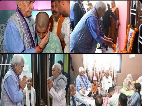 JK LG Manoj Sinha meets families of security personnel lost lives in Kathua encounter. (Photo/ANI)