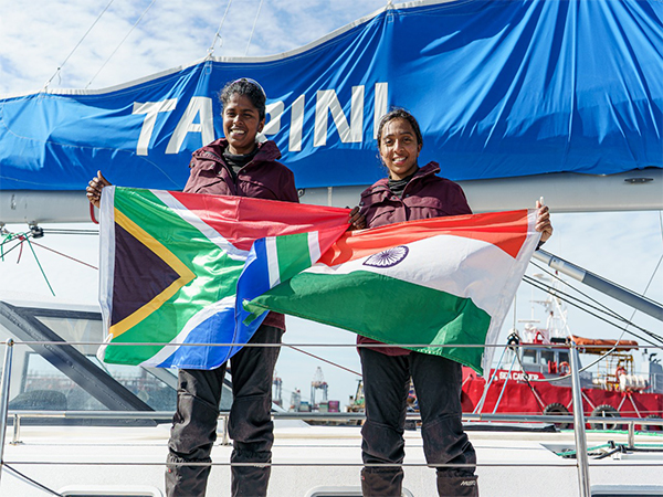 Crew of INSV Tarini that reached Cape Town in Navika Sagar Parikrama II. (Photo/PIB)