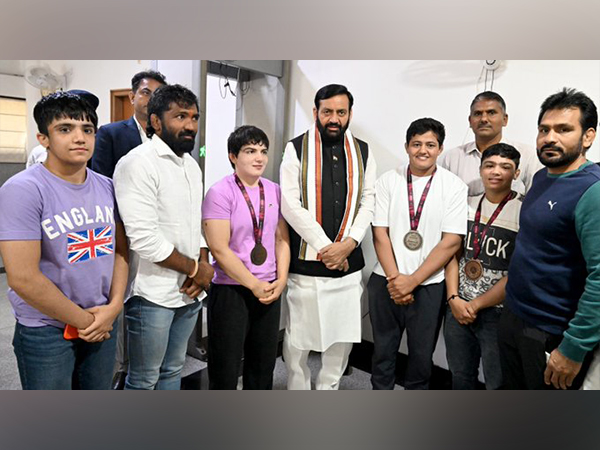 CM Nayab Singh Siani fourth from right with medalists of Asian Wrestling Championship 2025. (Photo: X/ @NayabSainiBJP)