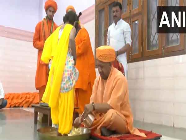 UP CM Yogi Adityanath performing Kanya Pujan at Gorakhnath Temple (Photo/ANI)