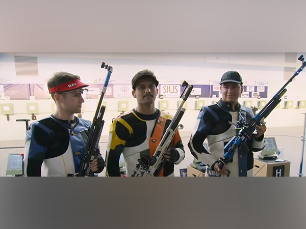 Istvan Peni, Rudrankksh Patil (Centre), Marcelo Gutierezz after 10m air rifle final in Argentina (Image :NRAI)
