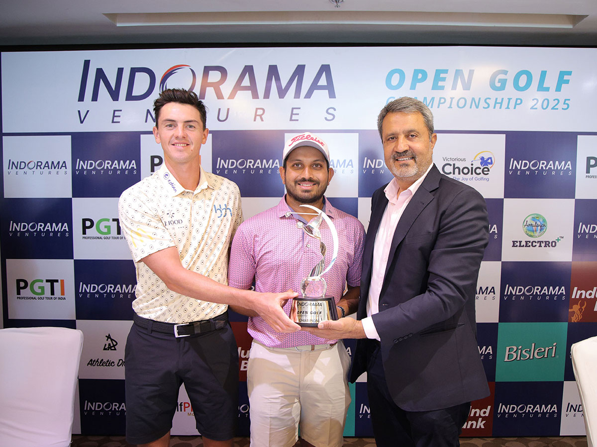 Czech professional golfer Stepan Danek (left), leading Indian professional golfer Varun Parikh (Centre) of Ahmedabad PGTI CEO Amandeep Johl (Right) pose with Indorama Ventures Open Golf Championship 2025 (Image: PGTI)