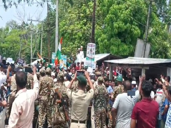 Protesters clash with police during a rally against the Waqf law in Kailashahar (Photo/ANI)