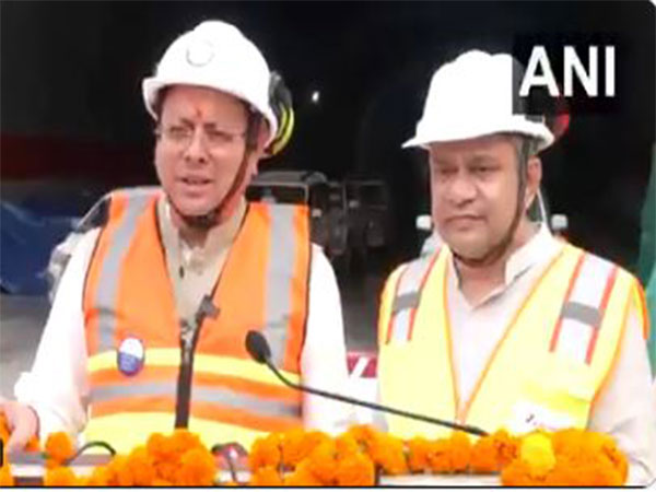 Uttarakhand CM Dhami and Union Minister Ashwini Vaishnaw attend breakthrough ceremony of India's longest rail tunnel Rishikesh-Karnprayag rail line. (Photo/ANI)