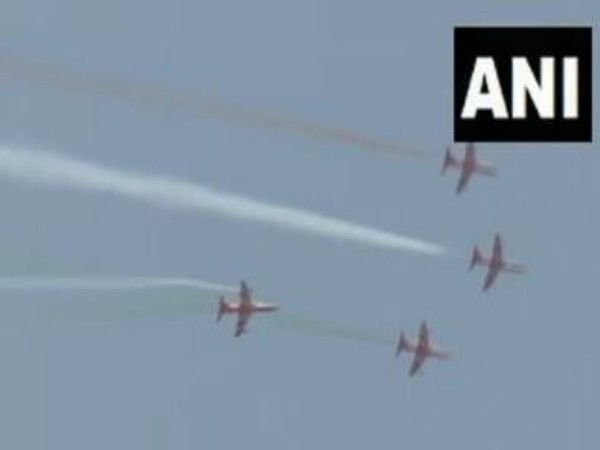 Surya Kiran Aerobatic Team paints the sky with tricolour during air show in Ranchi (Photo/ANI) 