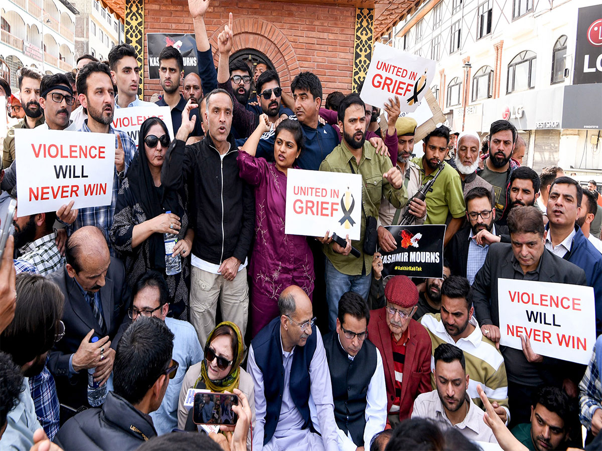 Jammu and Kashmir Chief Minister Omar Abdullah's sons Zamir Abdullah and Zahir Abdullah, stage a protest against the Pahalgam terror attack, in Srinagar (Image/ANI)
