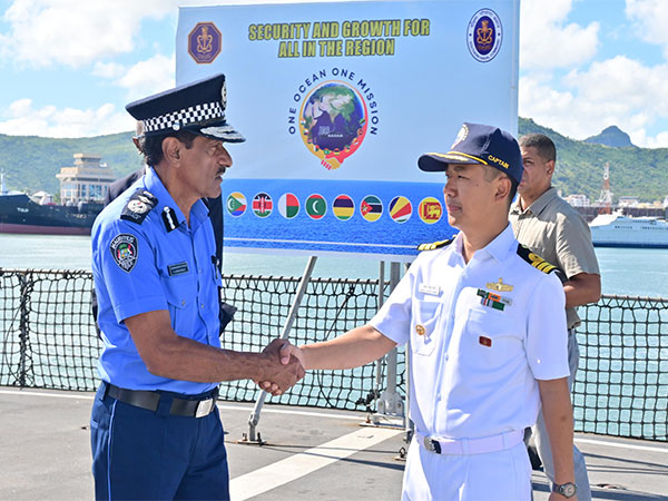 Officials from both sides interact as IOS SAGAR arrives at Port Louis Harbour (Image/Ministry of Defence)
