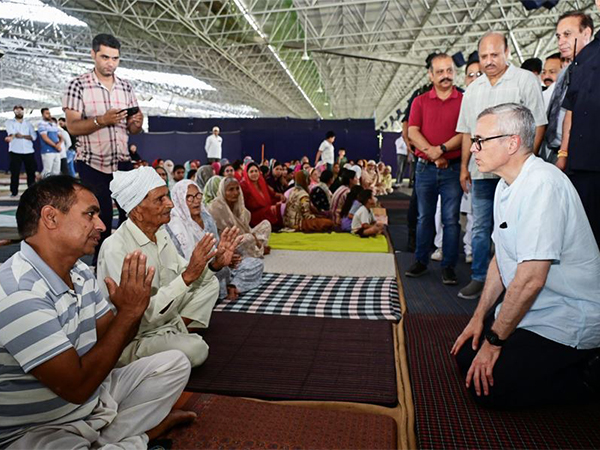 JK CM Omar Abdullah at relief camp in Samba on Friday (Photo: ANI)